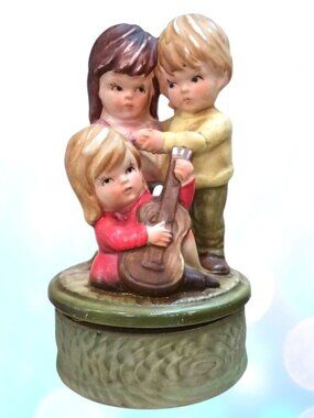 Vintage Price Porcelain Music Box Three Children Guitar "This Old Man" 1960s